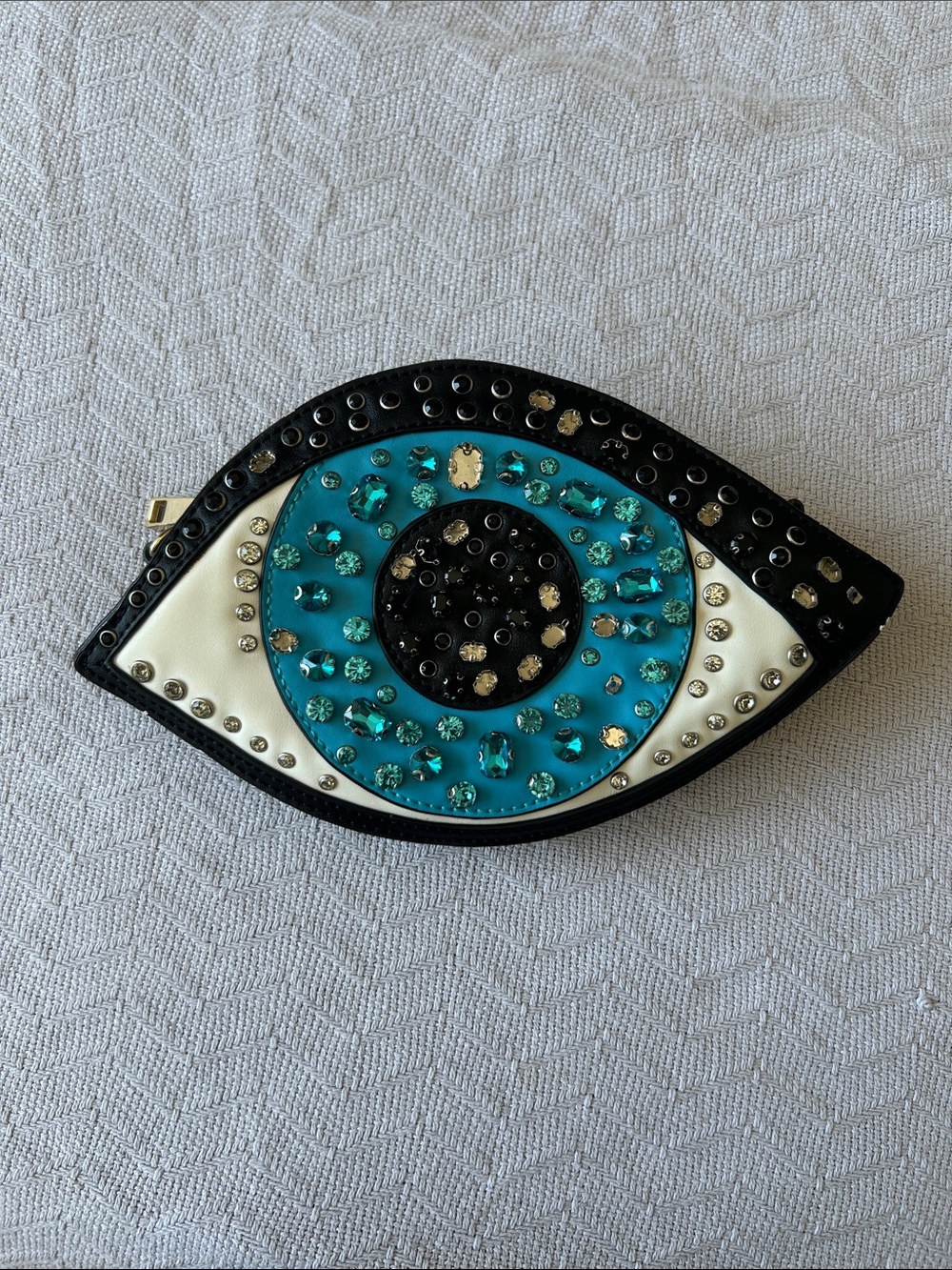 Embellished Eye-Shaped Crossbody in Black, White & Turquoise